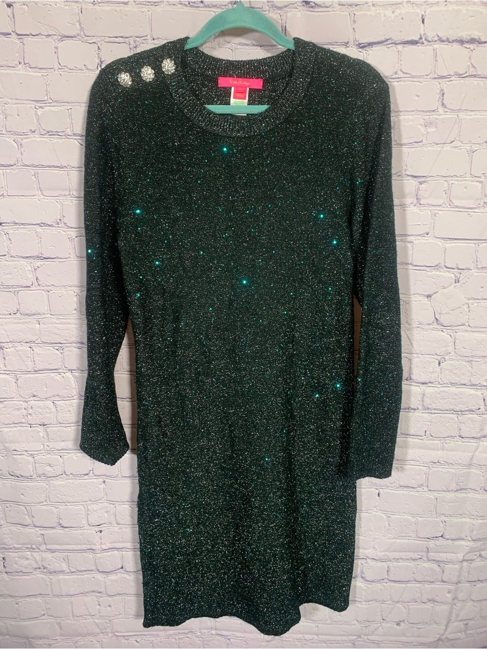 Lilly Pulitzer Morgen Sequin Sweater Dress Evergreen Metallic Size XL Preppy